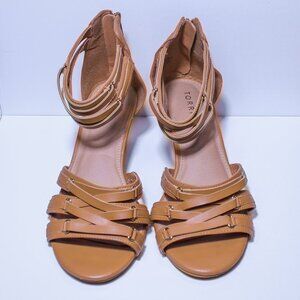 Torrid Womens Wedge Heel Sandals Gold Hardware Brown Cognac Size 6.5 (Fit Size 7